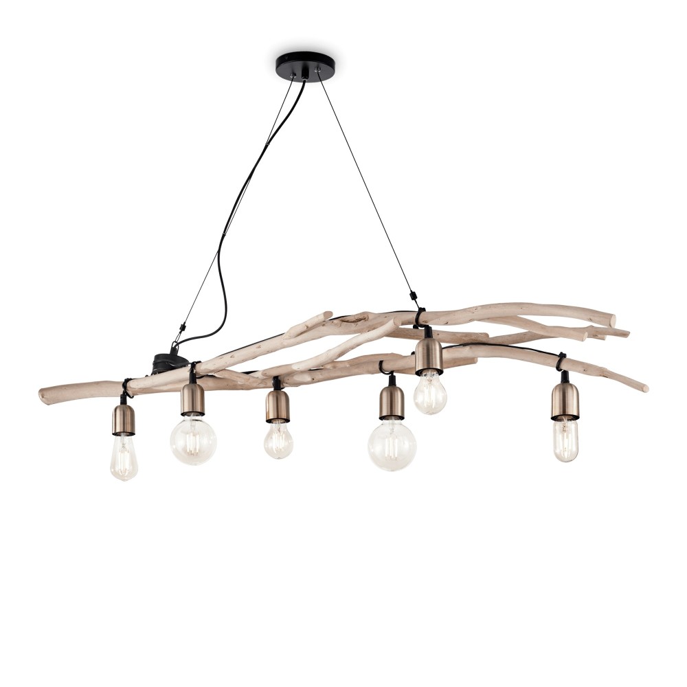 Driftwood suspension lamp, metal and natural wood. Rustic.