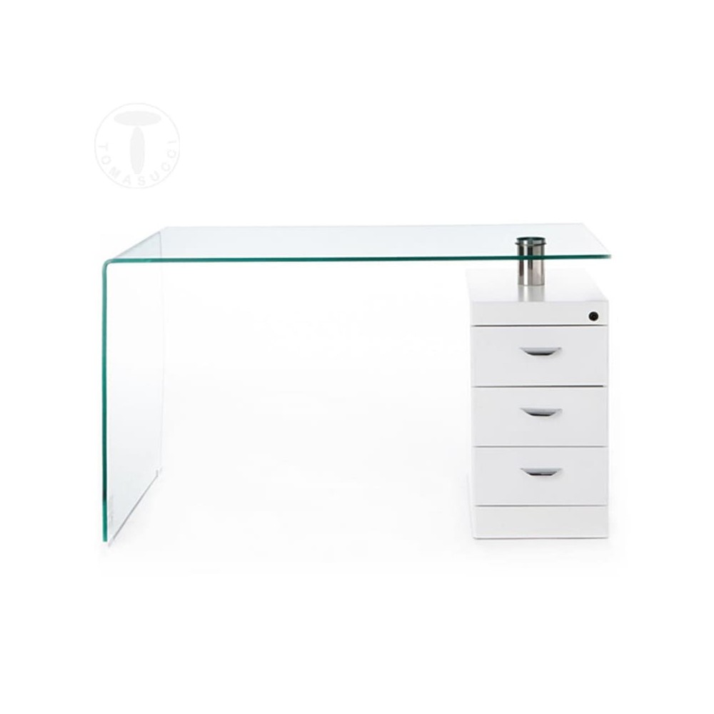 Sløjfe kontorbord fra Tomasucci i buet glas og kommode