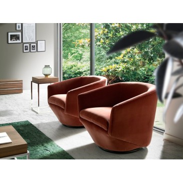 Living swivel armchair made with steel structure and wooden shell and upholstered in velvety fabric