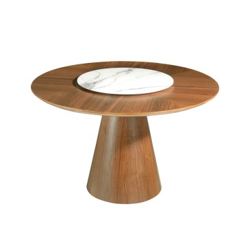 Tavolo fisso Plato realizzato in legno impiallacciato con piatto in ceramica da appoggio compreso