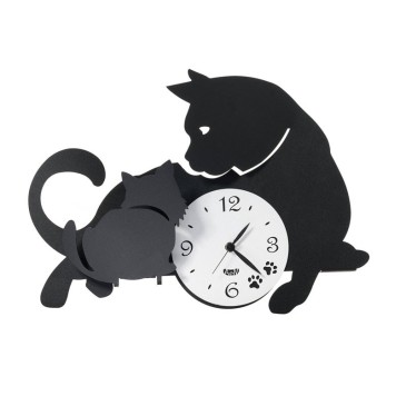 Mutter-Katzen-Wanduhr von Arti e Mestieri schwarz, lasergeschnitten aus Metall