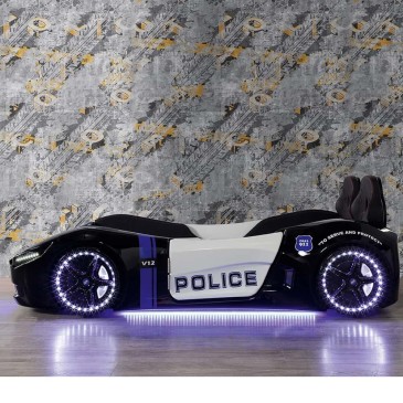 Nahkapäällysteinen poliisiautosänky, päädyssä pehmustetut istuimet Bluetooth-kaiuttimella, LED-valot ja äänet sekä