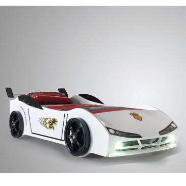 Raceautobed met verlichting en koplampen verkrijgbaar in wit of rood
