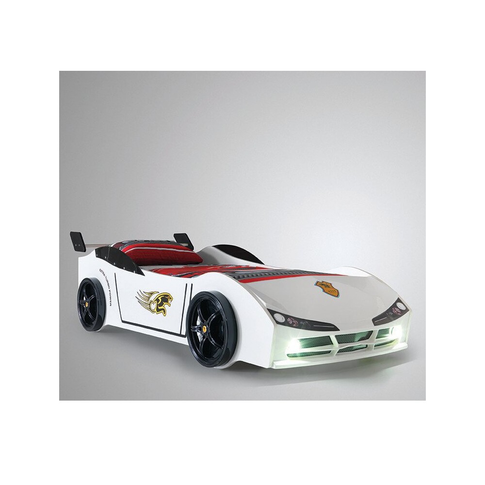 Cama de coche de carreras con luces y faros disponible en blanco o rojo