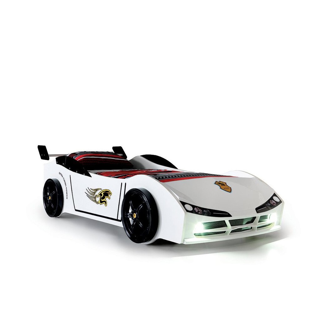 Cama de carro de corrida com luzes e faróis disponíveis em branco ou vermelho