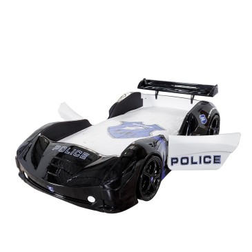 Police bed with racing car wing at the head and opening doors for lights, sounds and Bluetooth speaker