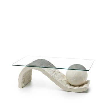 Onda coffee table from the Stones line with marine plywood base covered in fossil stone and glass top