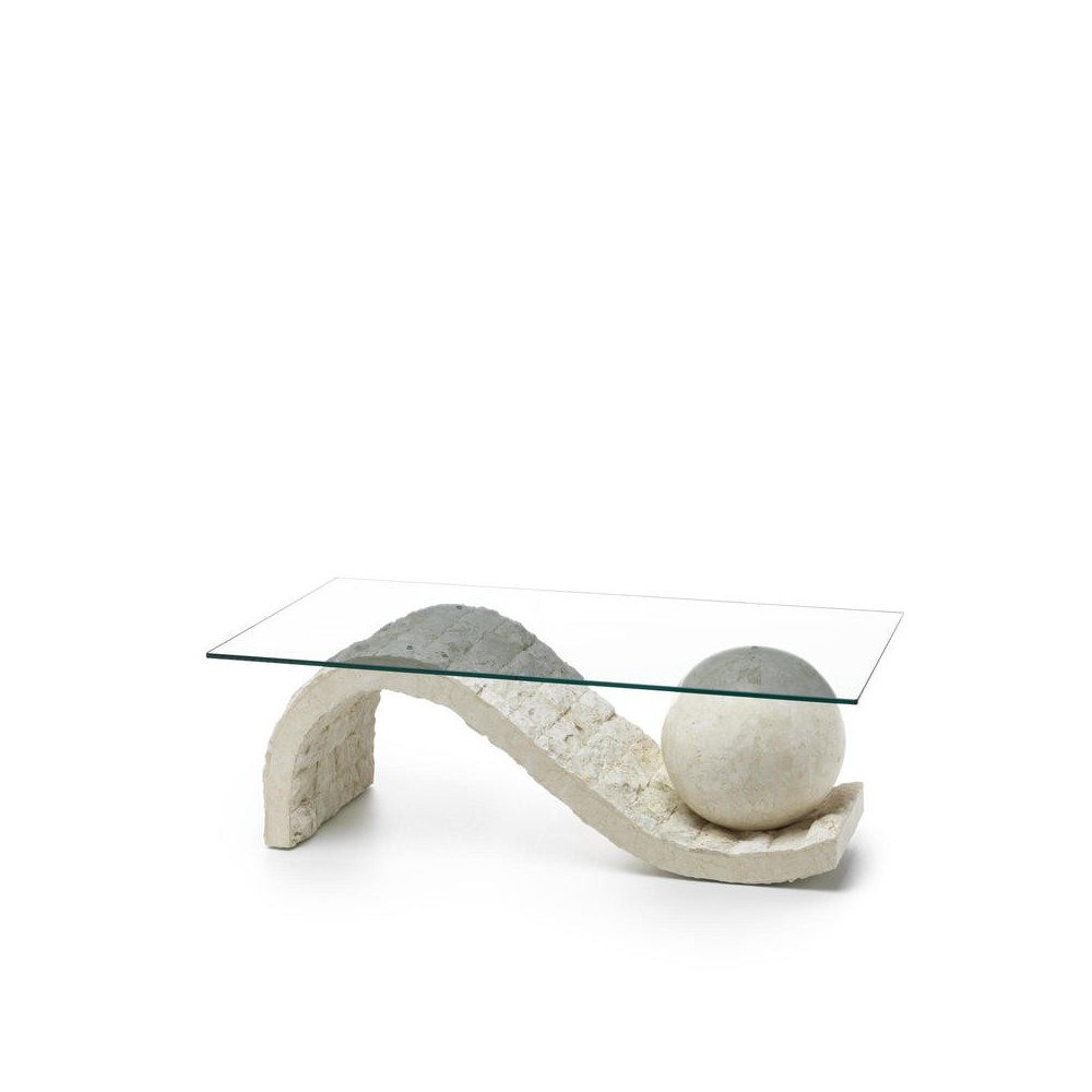 Mesa de estar Onda em pedra fóssil e vidro temperado