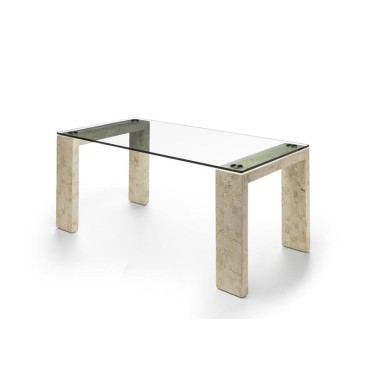 Millerighe fester Tisch mit Glasplatte und fossiler Steinstruktur. Erhältlich in zwei Größen und drei verschiedenen Ausführungen