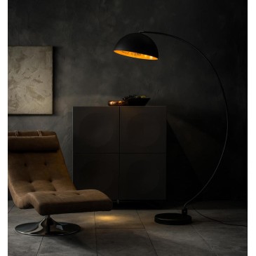 Arco Lucia floor lamp by Stones in matt black metal and gold-colored inner hat