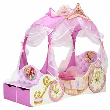 Bed in the shape of a carriage of the princesses for girls. Dimensions 171 X 76cm structure in MDF and curtains in Polyester