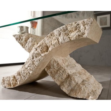 Xenon salontafel met fossiel stenen onderstel en glazen blad