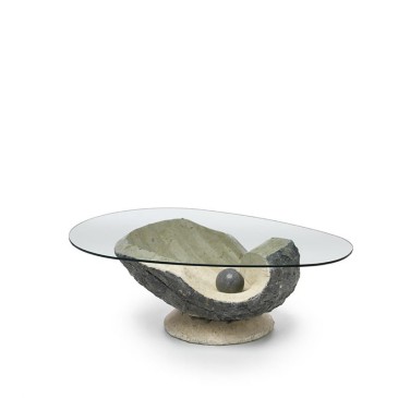 Tavolino da fumo Venere in compensato marino rivestito in pietra fossile e piano in vetro temperato