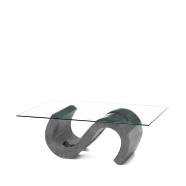 Tavolino da Fumo Flexus con base in pietra fossile e piano in vetro temperato