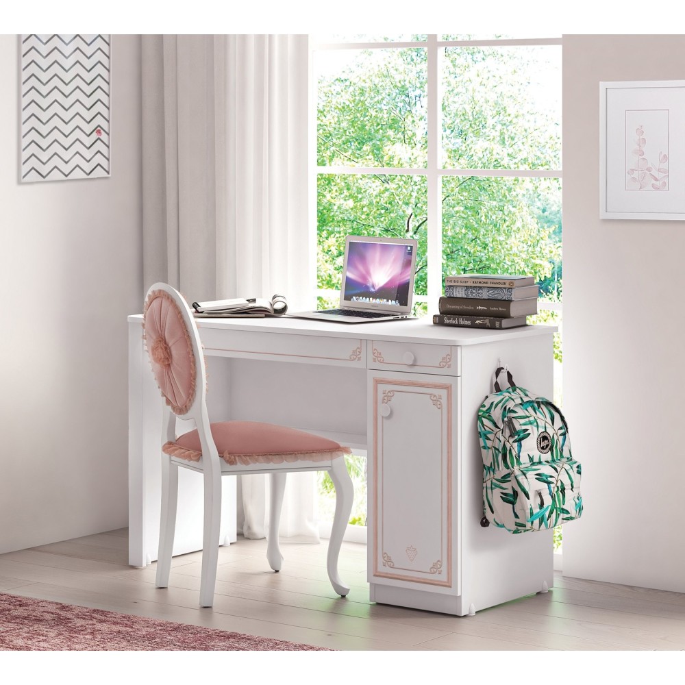 Elegant Cindy skrivbord, vit med lådor för ett litet sovrum.
