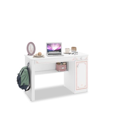 Elegante escritorio Cindy, blanco con cajones para un dormitorio pequeño.