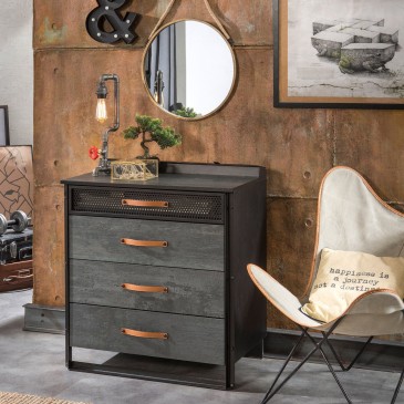 Dark Metal chest of drawers made of wood with leather handles