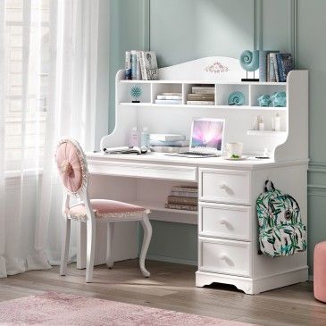 Bureau blanc rustique en bois blanc avec tiroirs et décorations florales disponible avec ou sans panneau