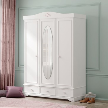 Rustic White three-door wardrobe with a princely design suitable for children's bedrooms