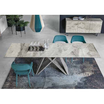 Delta extendable table with metal structure and porcelain stoneware top with matching sliding extensions