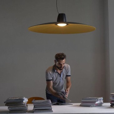 Lent suspension lamp by Martinelli Luce made of sound-absorbing material and covered in fabric