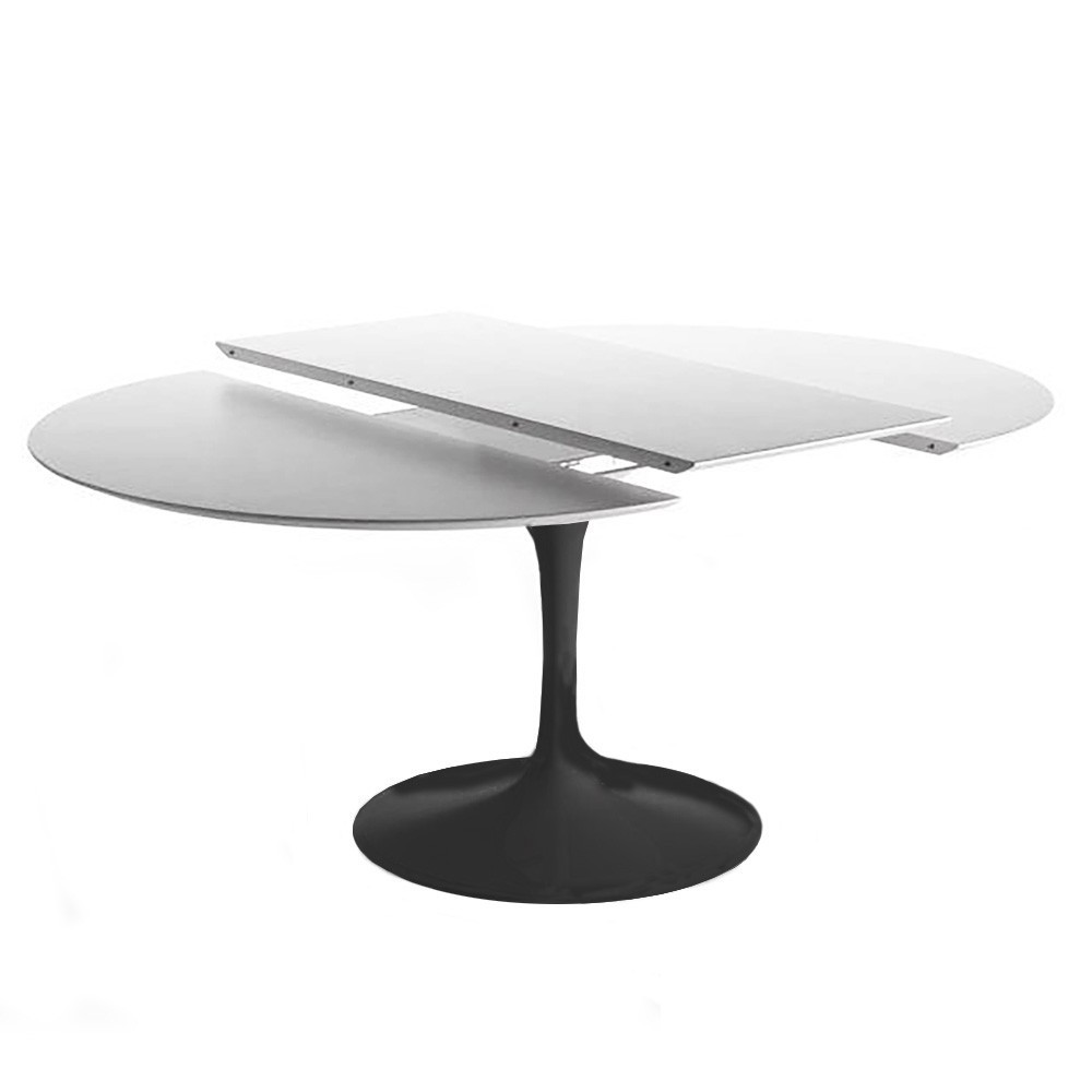 table extensible tulipe avec plateau blanc et structure noire, extension particulière