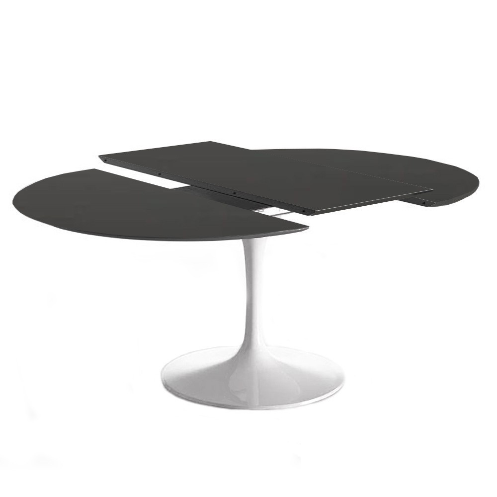 table à rallonge tulipe plateau noir structure blanche extension particulière