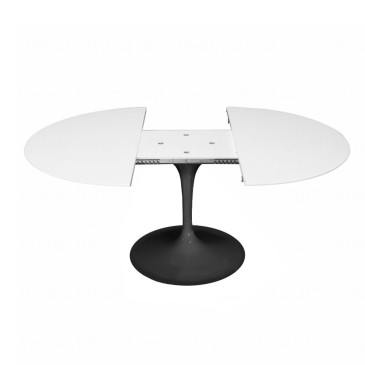 mesa extensible tulipa tapa blanca y estructura negra mecanismo para extender la mesa