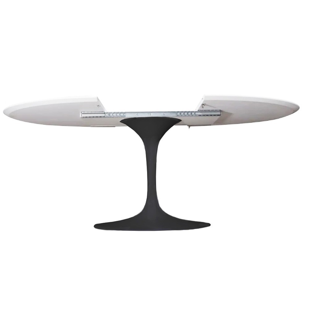 table extensible tulipe plateau blanc et structure noire mécanisme d'extension en métal
