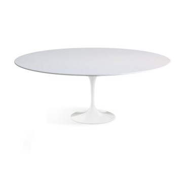 ovale tulp tafel met wit vloeibaar laminaat blad met ronde voet in glanzend of mat wit gegoten aluminium
