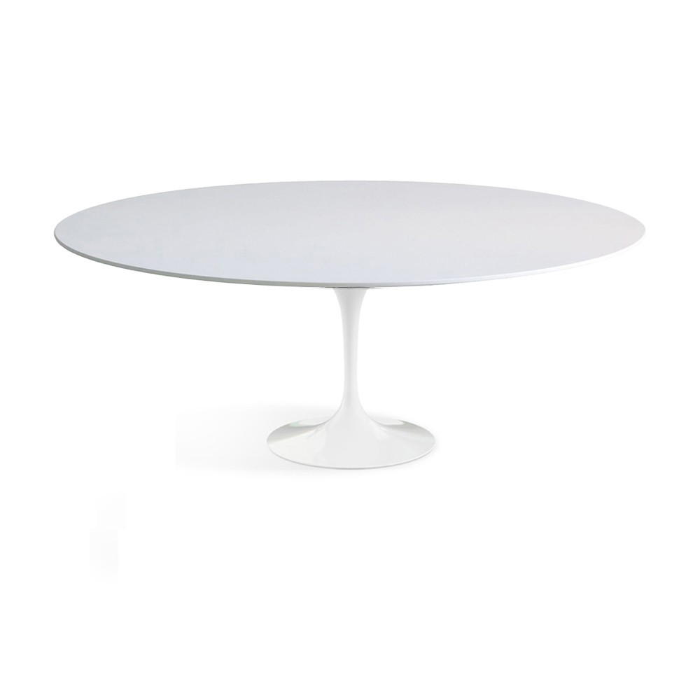 ovale tulp tafel met wit vloeibaar laminaat blad met ronde voet in glanzend of mat wit gegoten aluminium