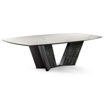 Prisma table by Cantori with metal base and silk-screened glass top