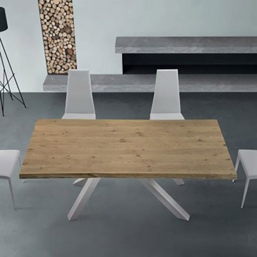 Table artistique Materia aux multiples finitions et dimensions avec pieds croisés en acier et plateaux en bois ou en verre