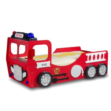 Cama de MDF en forma de camión bombero Sam para niños.