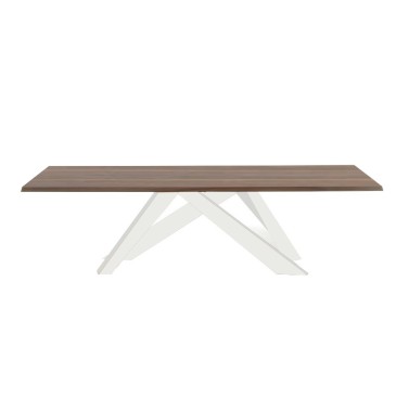Table artistique Materia aux multiples finitions et dimensions avec pieds croisés en acier et plateaux en bois ou en verre