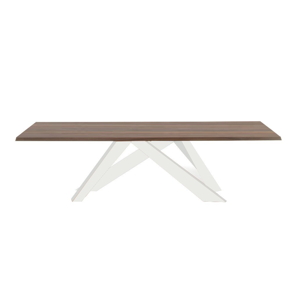 Schitterende Materia tafel met houten of glazen blad en gekleurd onderstel.