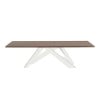Konstnärligt Materia-bord med flera ytskikt och storlekar med korsade stålben och trä- eller glasskivor