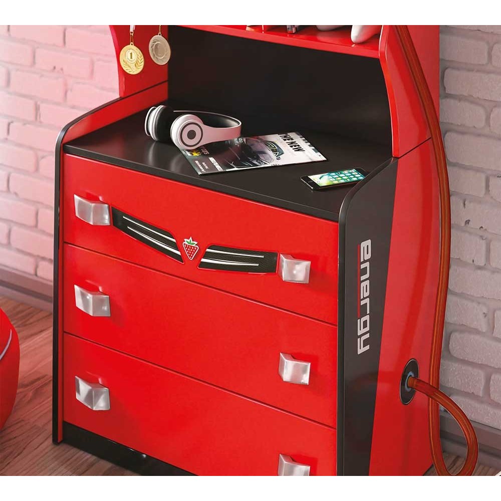 Kommod och bokhylla i form av en bensinpump, röd färg.