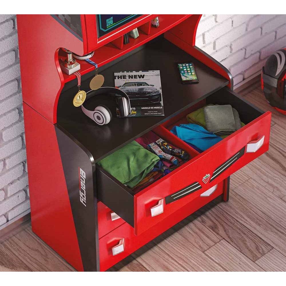 Dressoir en boekenkast in de vorm van een benzinepomp, kleur rood.