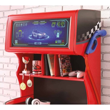 Dresser and bookcase in the shape of a petrol pump, red colour.