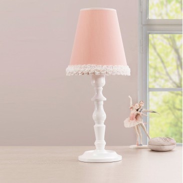 Dream tafellamp, witte voet en roze stoffen kap