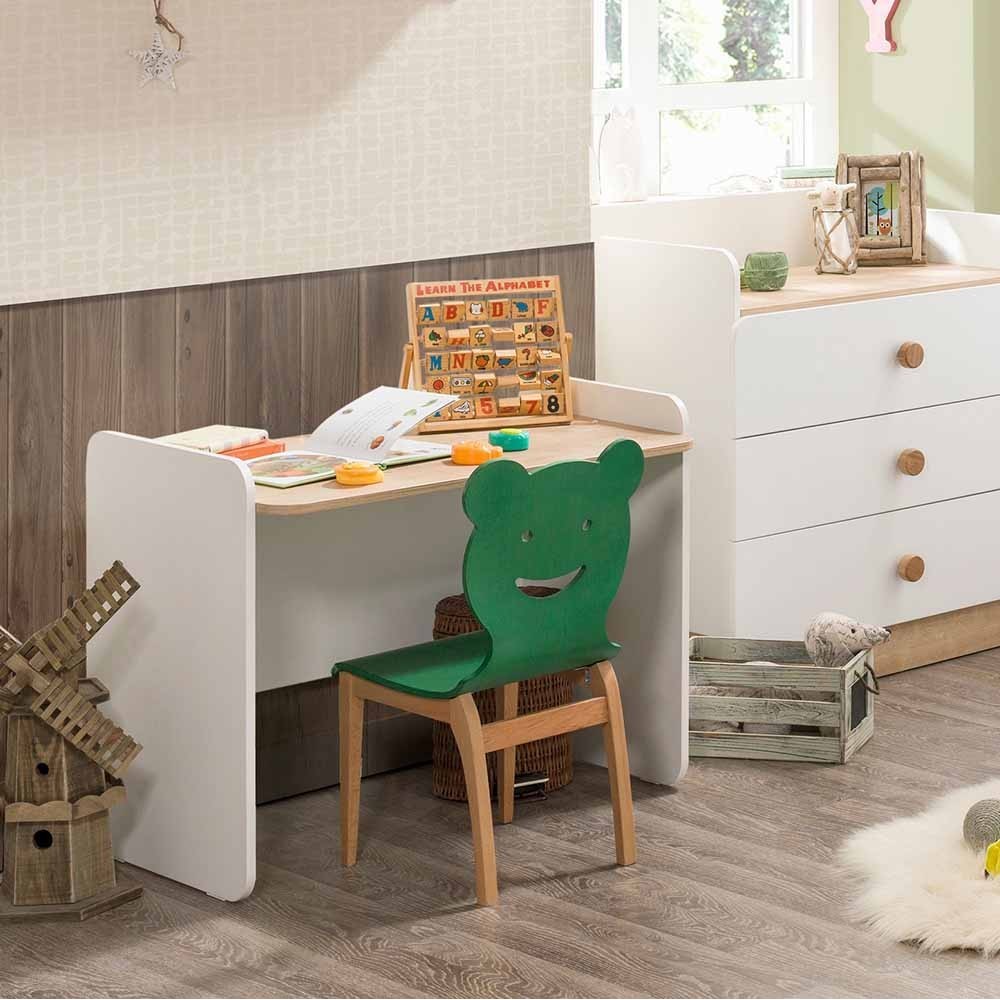 Möbel, die in einen Babynatura-Schreibtisch und eine Kommode für Kinderzimmer umgewandelt werden können.
