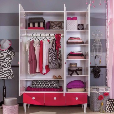 Yakut kledingkast met 3 deuren, in wit en roze laminaat