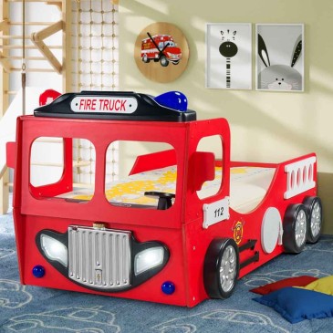 Cama de MDF en forma de camión bombero Sam para niños.