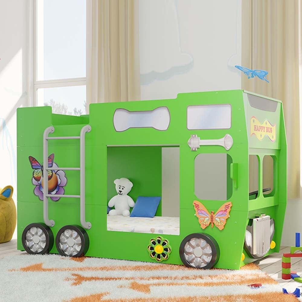 Bus-shaped bunk bed available in multiple colors for children's bedrooms