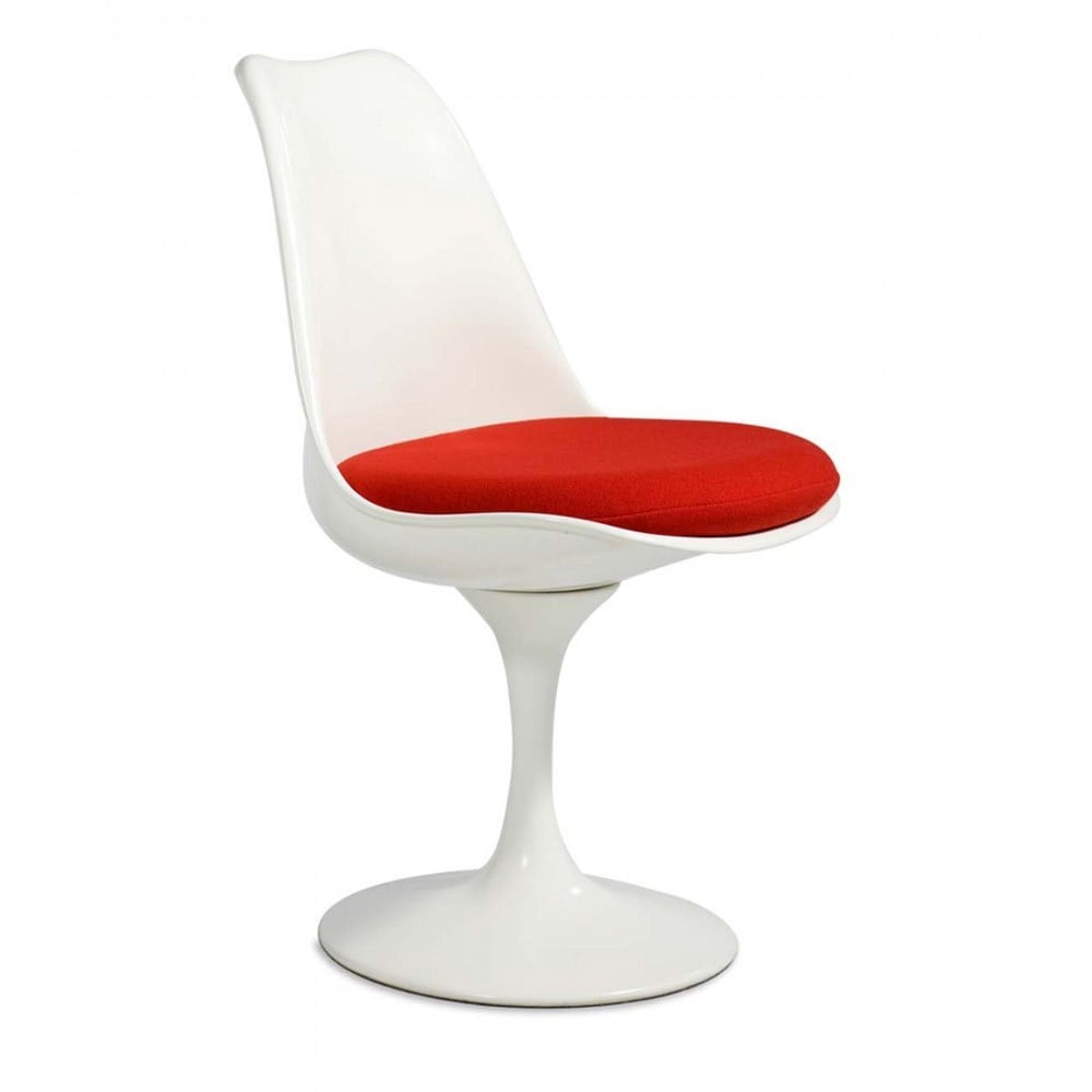 Riedizione sedia Tulip di Eero Saarinen in Abs base alluminio e cuscino in pelle o tessuto
