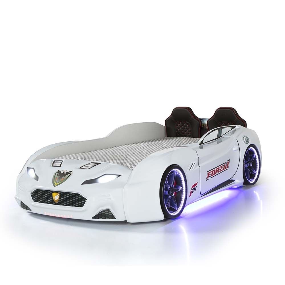 Lit en forme de voiture avec lumières, sons et sièges en cuir | Kasa-Store