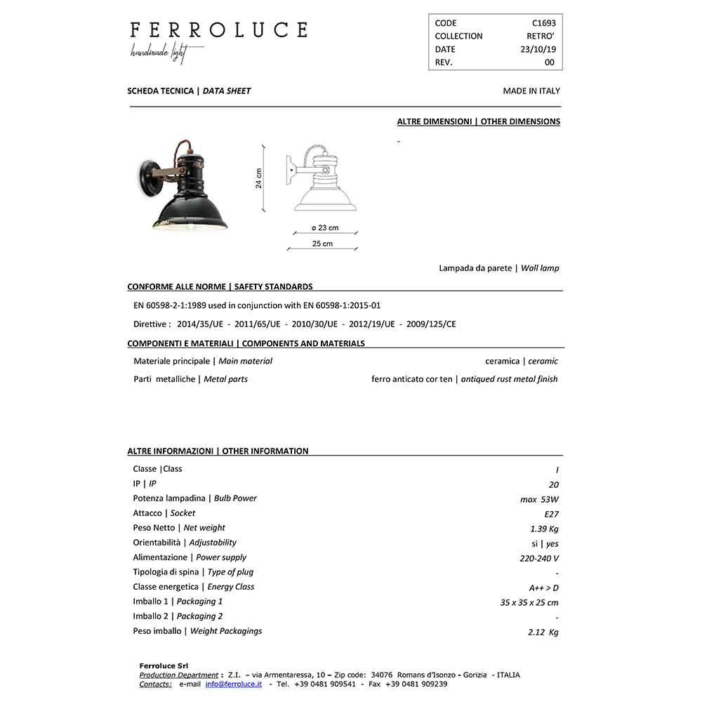 C1693 væglampe fra Ferroluce med vintage design | Kasa-butik