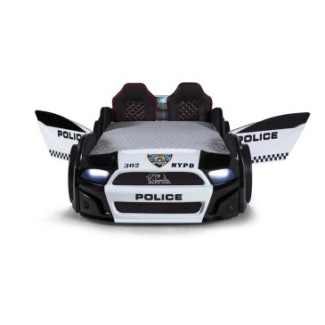 Bett in Form eines Polizeiautos mit beleuchteten Scheinwerfern und aufklappbaren Türen