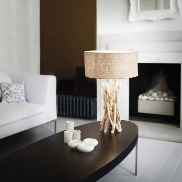 Lampe de table en bois flotté en métal avec éléments décoratifs en bois naturel et abat-jour recouvert de tissu